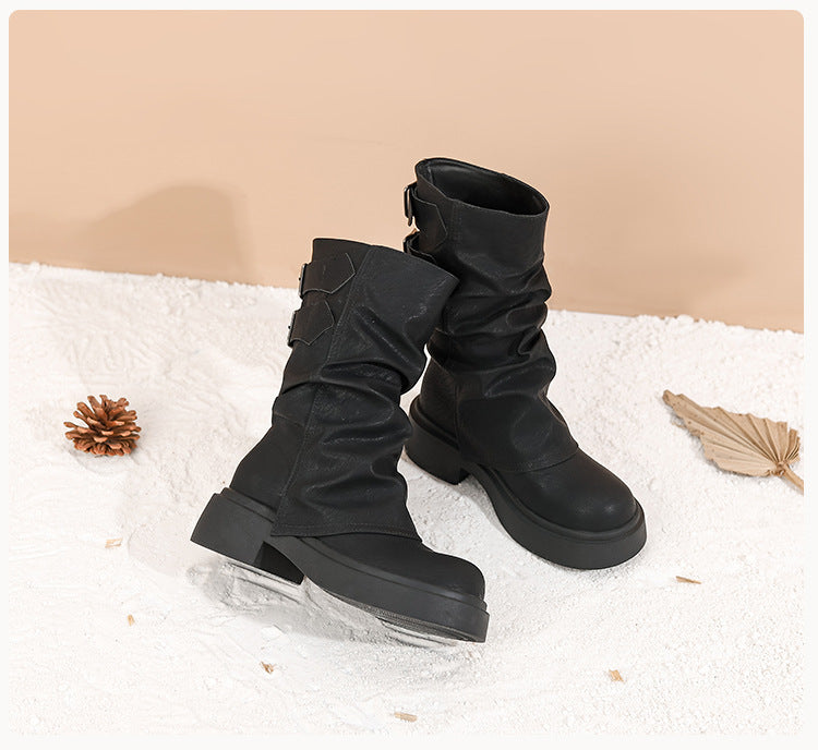 Women's Waste Style Retro Big Head Pants Pipe Pleated Boots