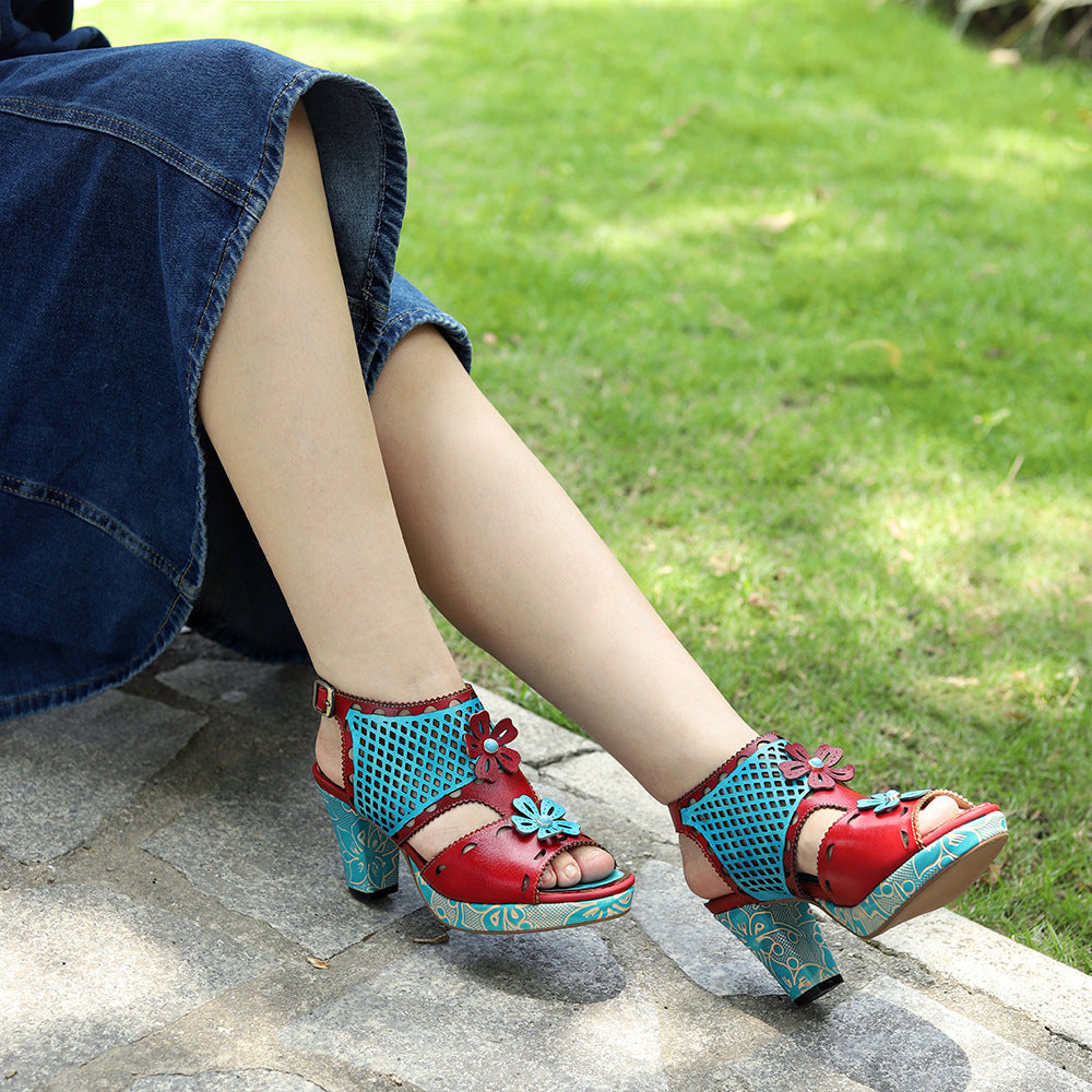 Genuine Hand-rub Color Retro Hollow Design Heels