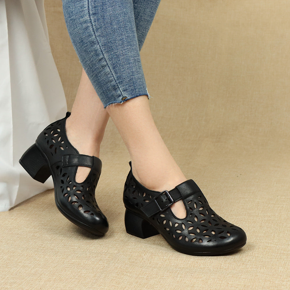 Women's Genuine Ethnic Wind Chunky Low-cut Hollow Heels