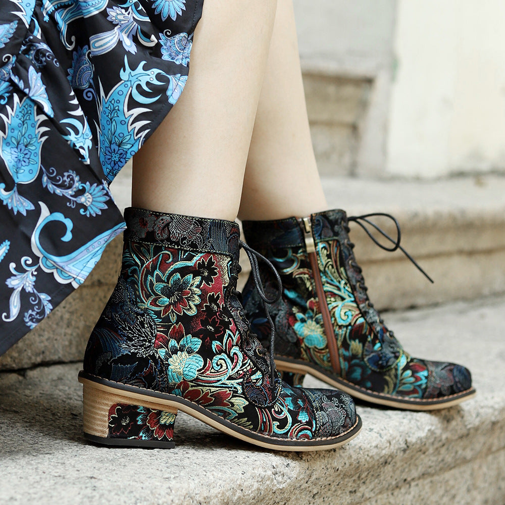 Women's Retro Printed Chinese Style Embroidery Stitching Boots