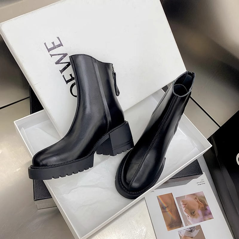 Women's Small Thick-soled Height Increasing Chunky Ankle Retro British Boots