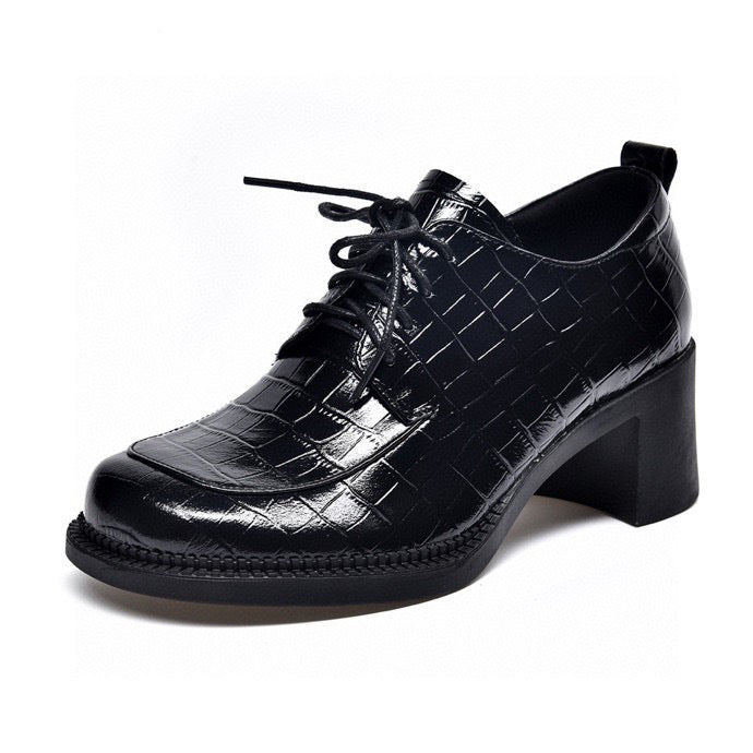 Women's Toe Embossed Patent Cowhide Preppy Style Heels