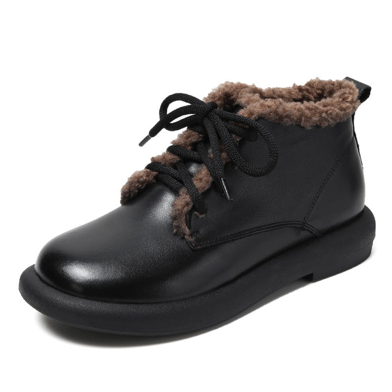 Women's First Layer Cowhide Winter Vintage Fleece-lined Women's Shoes