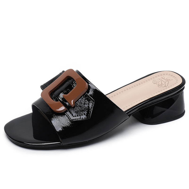 Women's Summer Patent Cowhide Stylish Peep Toe Comfortable Thick Low Sandals