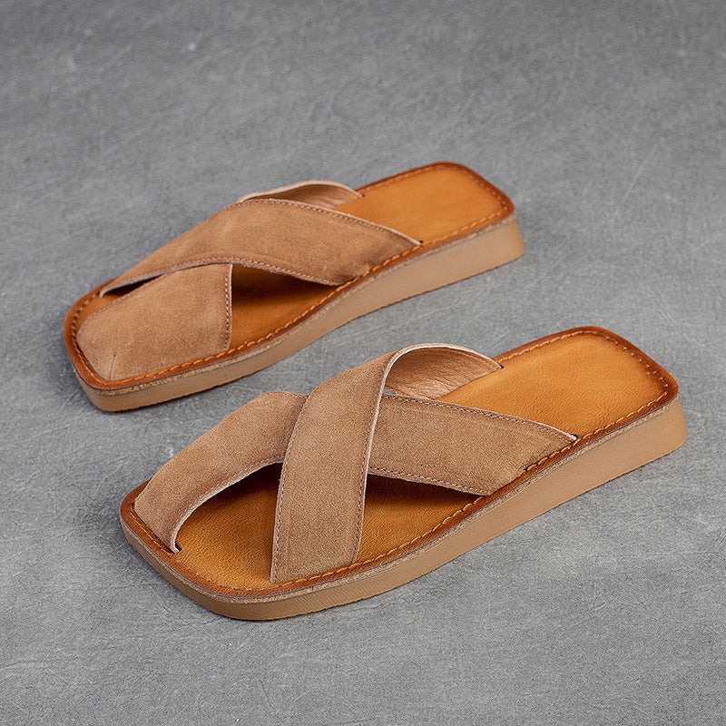 Women's Breathable First Layer Cowhide Simple Round Sandals