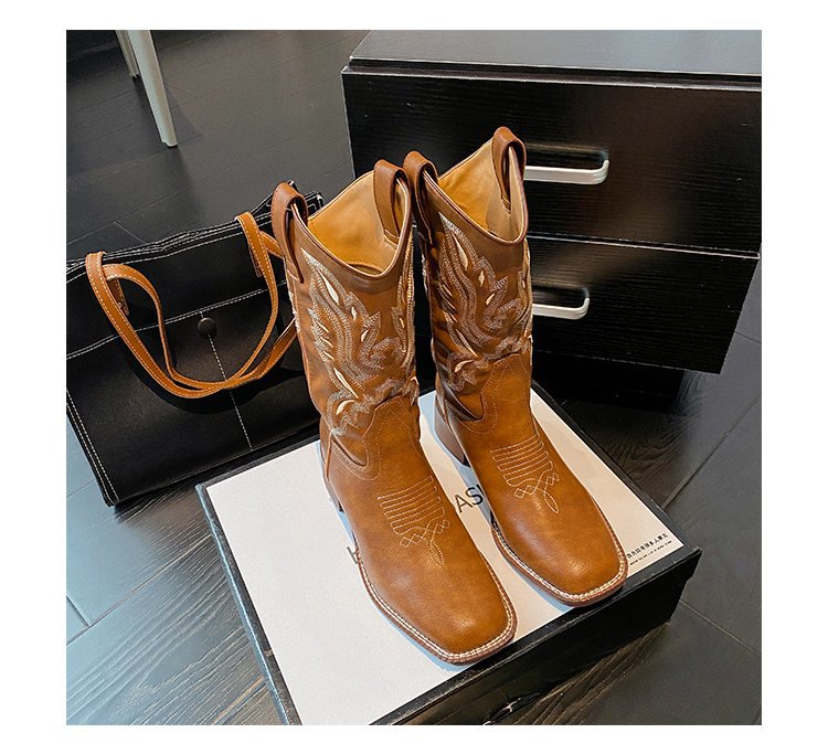 Women's Beautiful Western Cowboy Embroidery V Cut Knight Square Boots