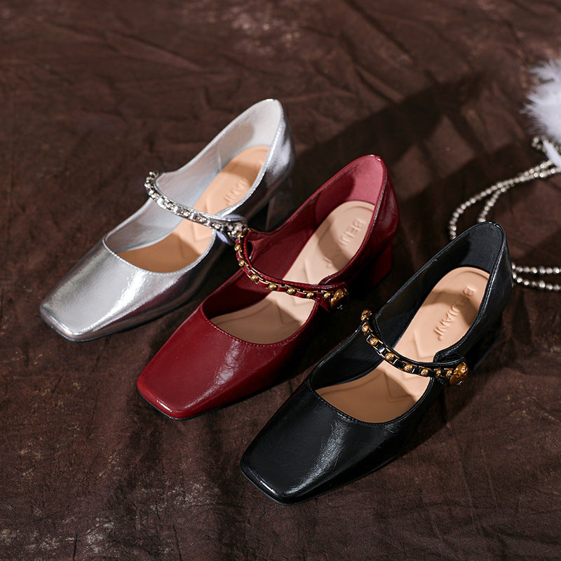 Chunky Mary Jane Female Square Toe French Retro Soft Chain Women's Fashion Shoes