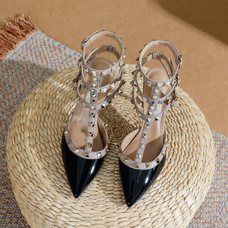 Women's Pointed Toe Cap Rivet Nude High Heels