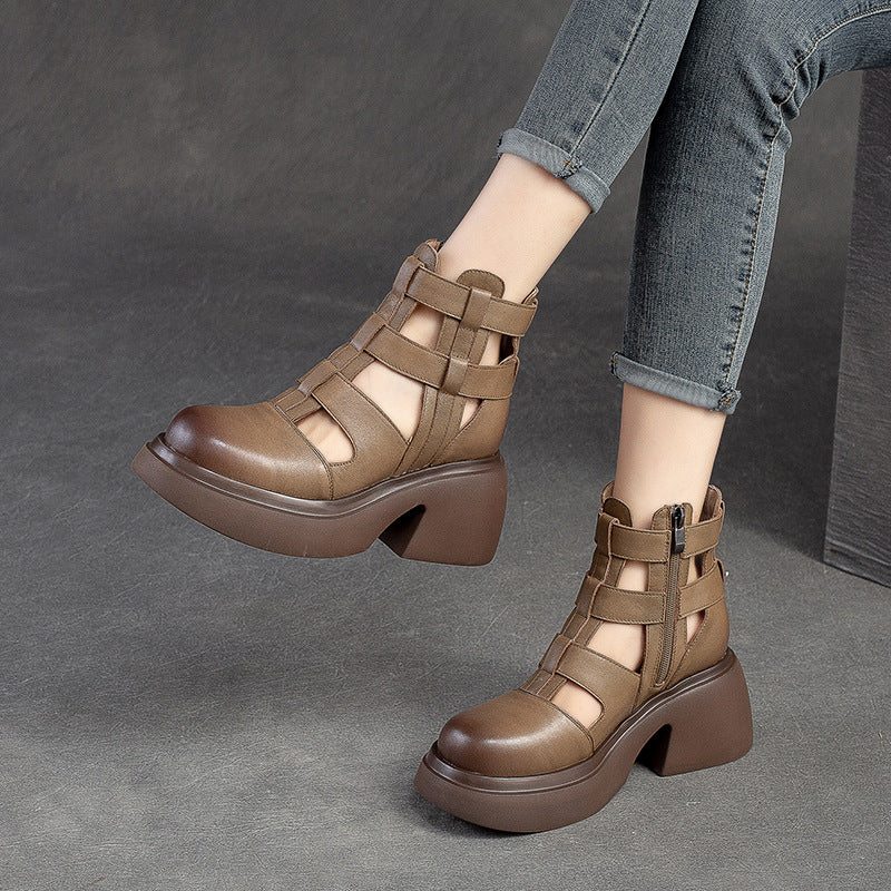 Women's Hole Hollow Side Zipper Top Layer Cowhide Round Heels