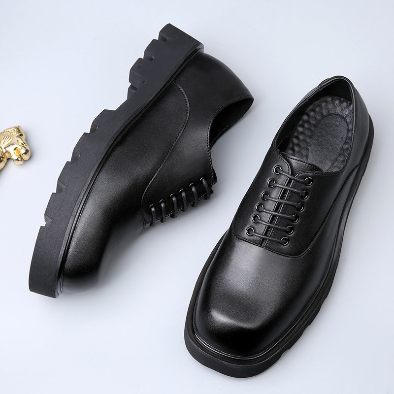 Men's Square Toe Korean Fashionable Breathable British Thick Bottom Leather Shoes