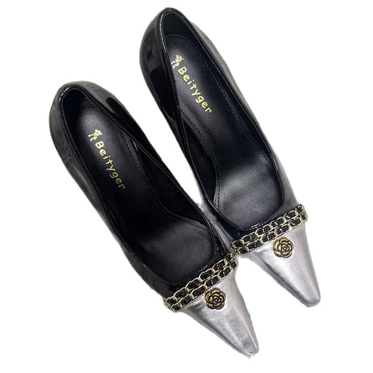 Classic Style Black Sier Metal Chain Camellia Stiletto Women's Fashion Shoes