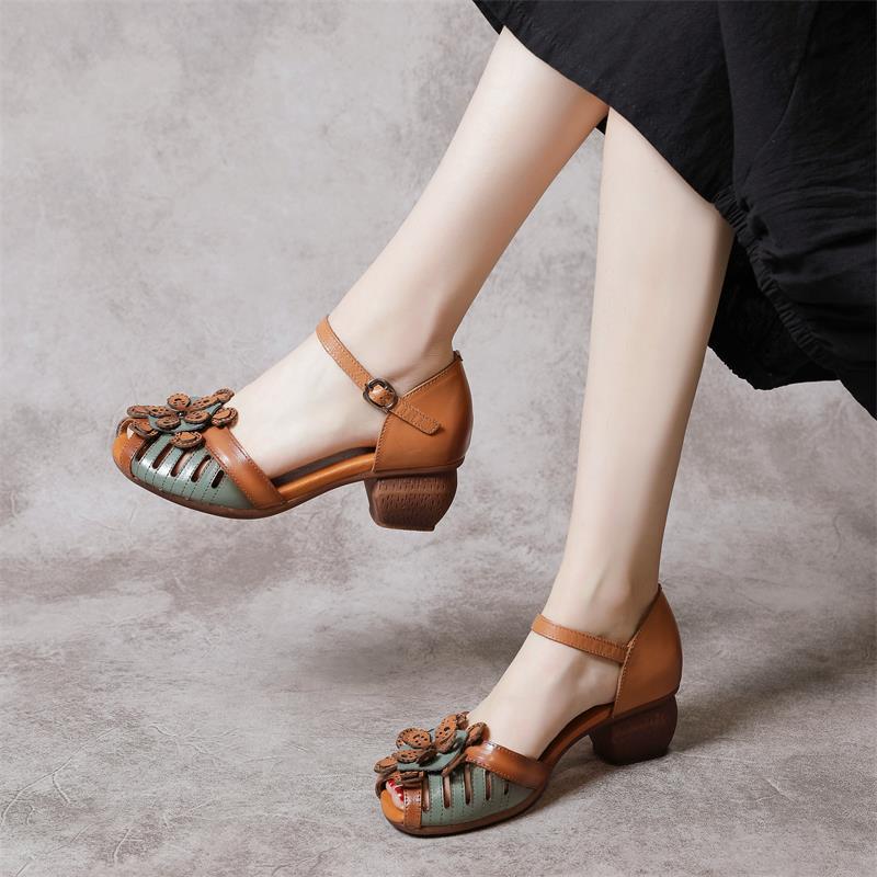 Women's Layer Cowhide Hollow Fish Mouth Strap Heels