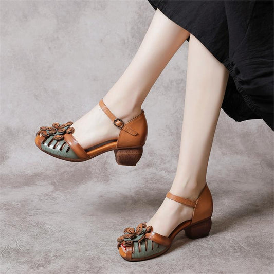 Women's Layer Cowhide Hollow Fish Mouth Strap Heels