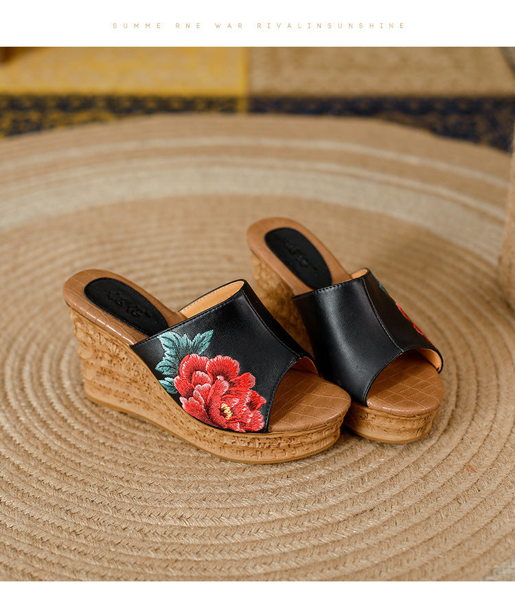 Women's Peony Embroidered Summer High Peep Toe Heels