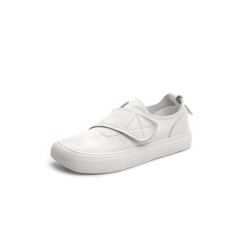 Women's Spring Cowhide Solid Color Square Toe Velcro Sneakers
