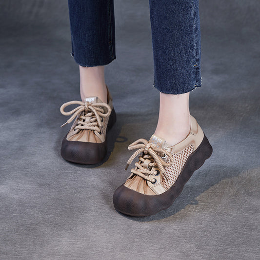Women's Retro Mesh Surface First Layer Cowhide Casual Shoes