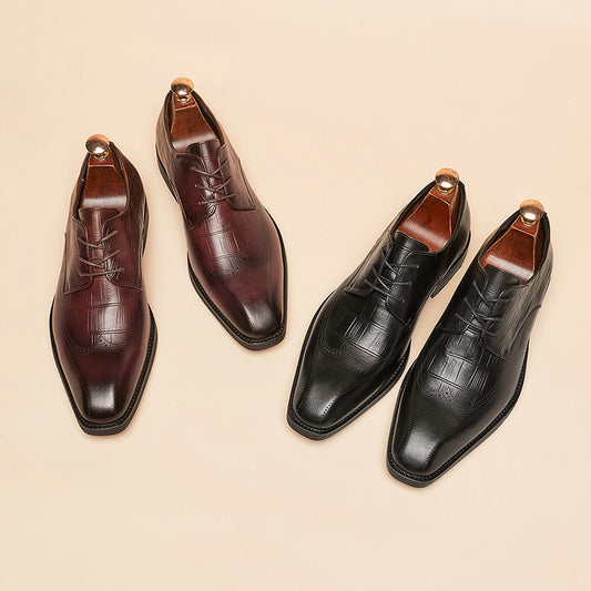 Men's Genuine Square Toe Brogue Derby First Layer Cowhide Business Leather Shoes