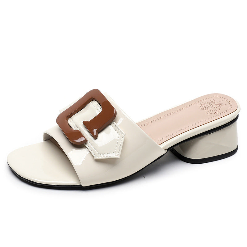 Women's Summer Patent Cowhide Stylish Peep Toe Comfortable Thick Low Sandals
