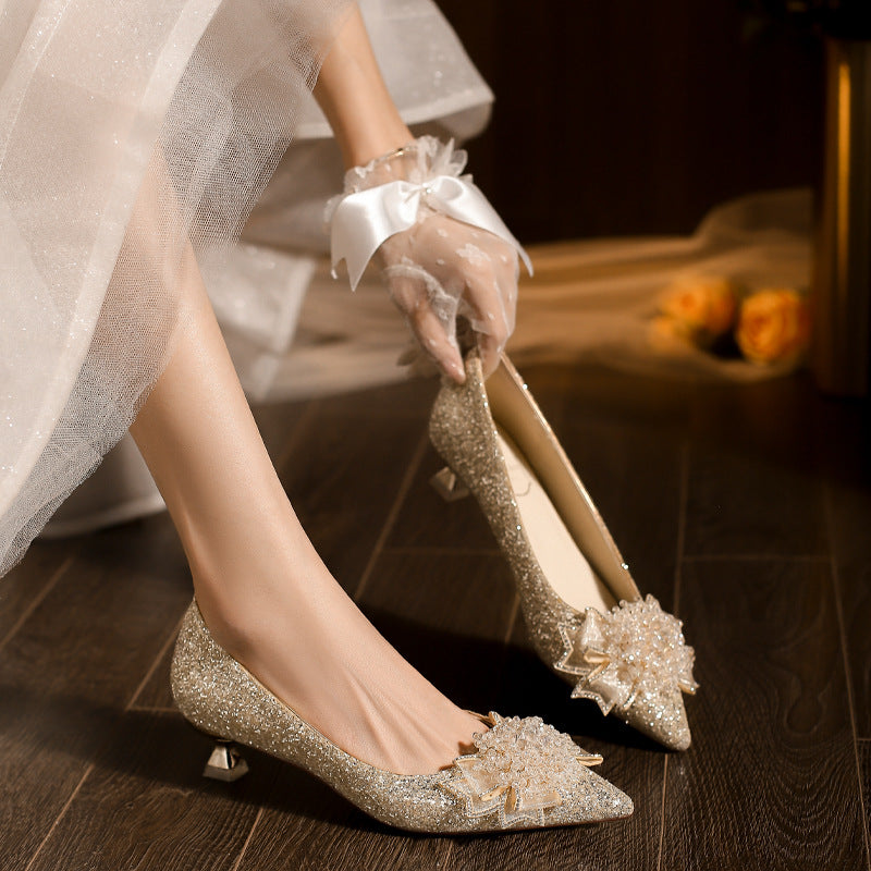 Women's Low Block Stilettos Bow Rhinestone Bridal Main Women's Fashion Shoes