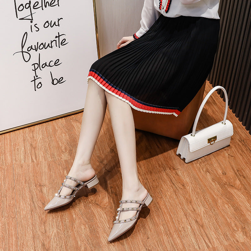 Women's Home Rivet Summer Nude Patent Sexy Back Empty Heels