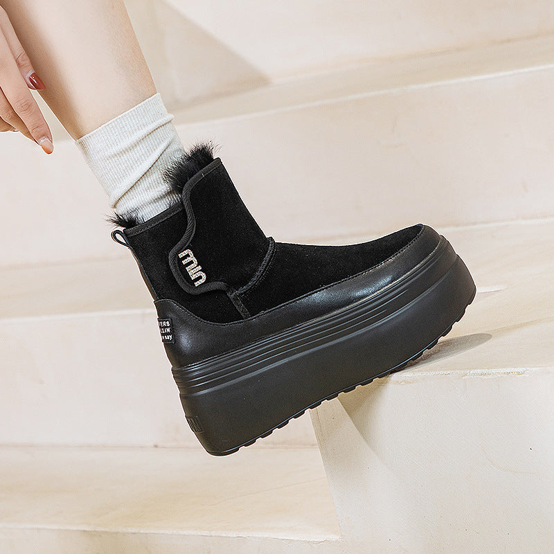 Women's Short Winter Rabbit Fur Round Toe Snow Boots