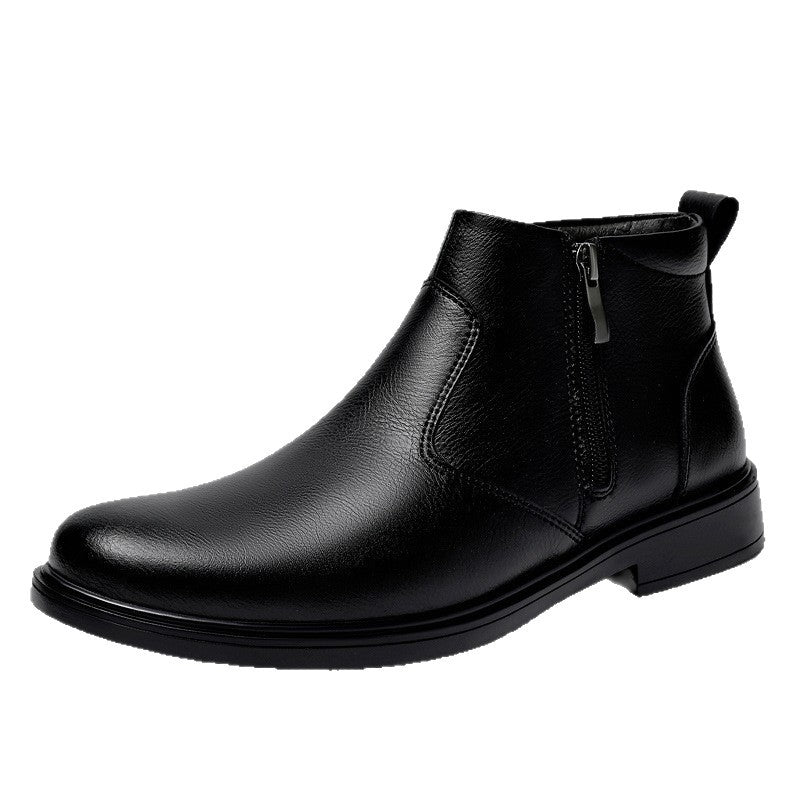 Men's Leisure Sleeve Side Zipper Cowhide Surface Boots
