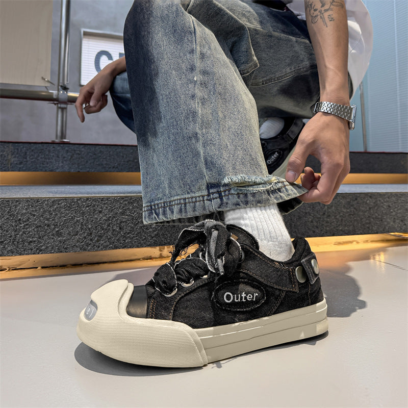 Men's Smiling Platform Denim Big Head Green Canvas Shoes