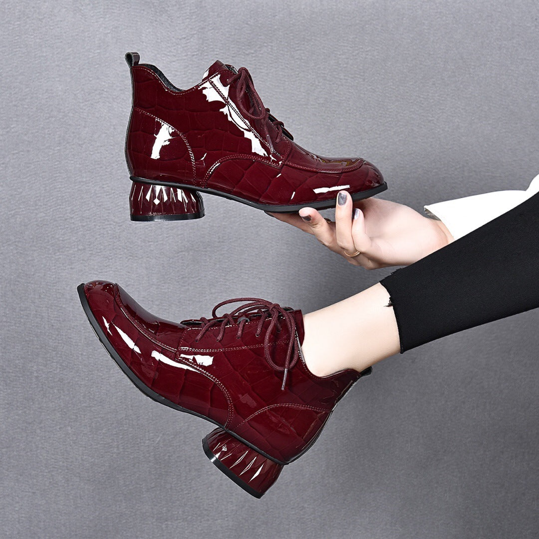 Women's Short Round Head Patent Plaid Chunky Women's Casual Shoes