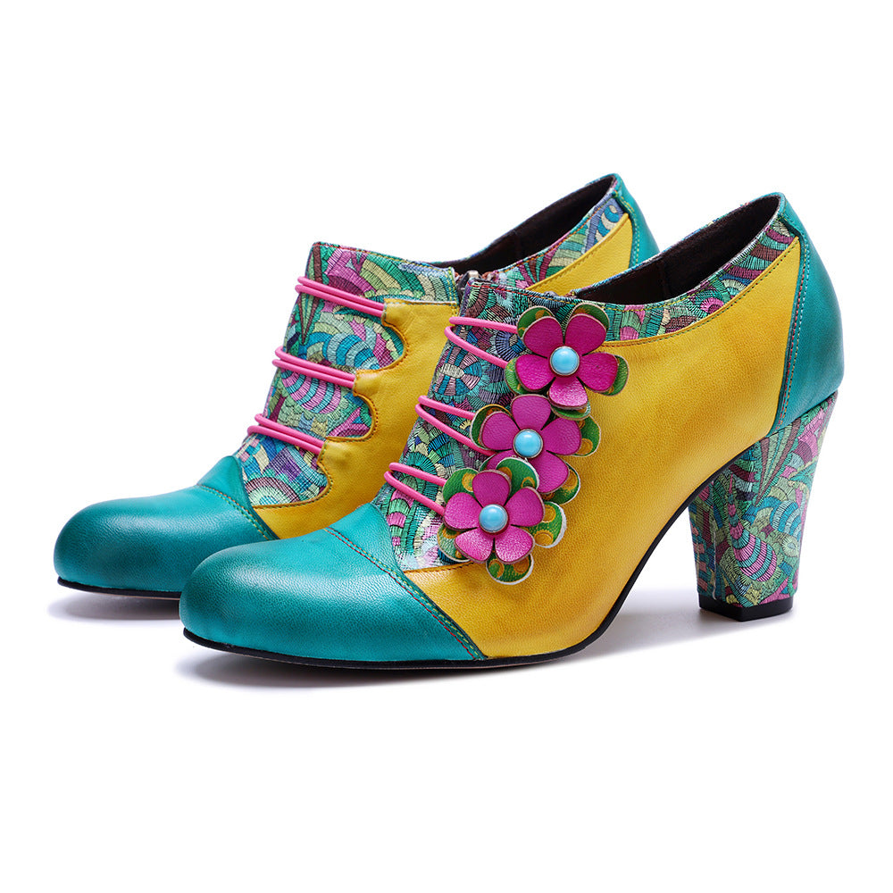 Color Matching Three-dimensional Flower Side Zipper Chunky Women's Fashion Shoes