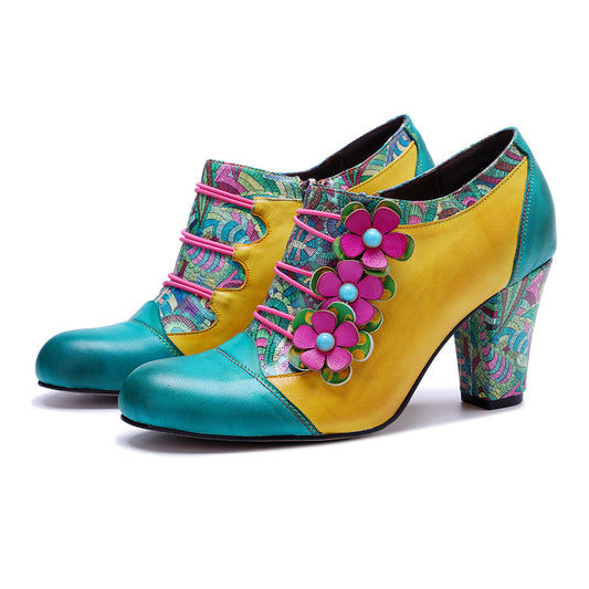 Color Matching Three-dimensional Flower Side Zipper Chunky Women's Fashion Shoes