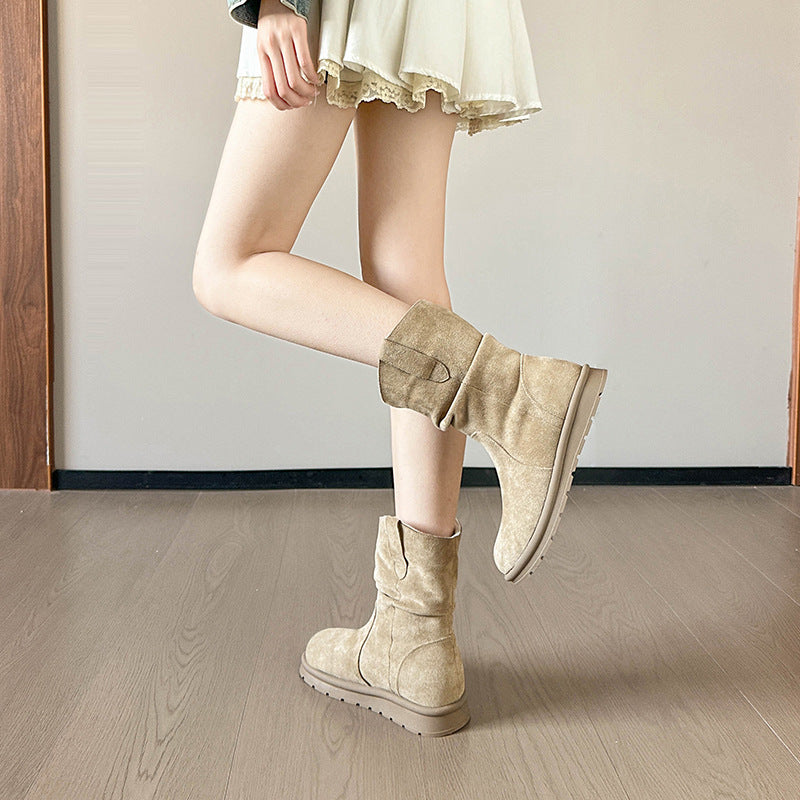 Winter Slimming Retro Pleated Knee-high Lazy Super Boots