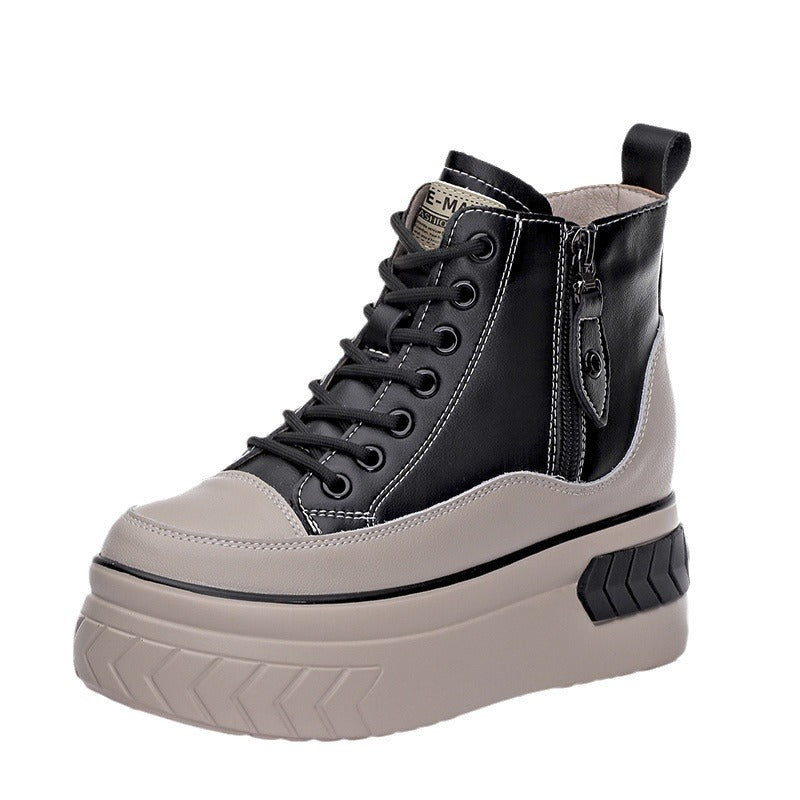 Women's Cowhide Autumn Platform High Height Increasing Heels