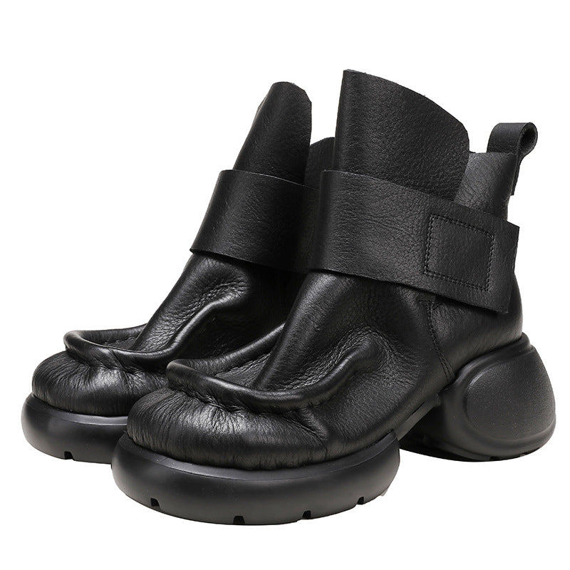 Women's Retro Genuine Chunky Platform Velcro British Heels