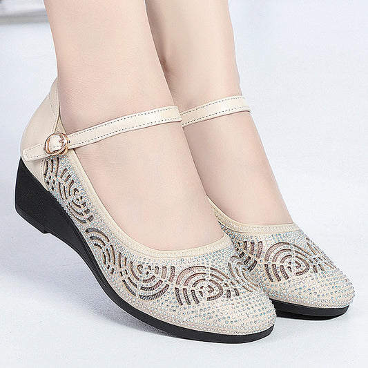 Women's Flat Middle Wedge Genuine Pumps Hollow Sandals