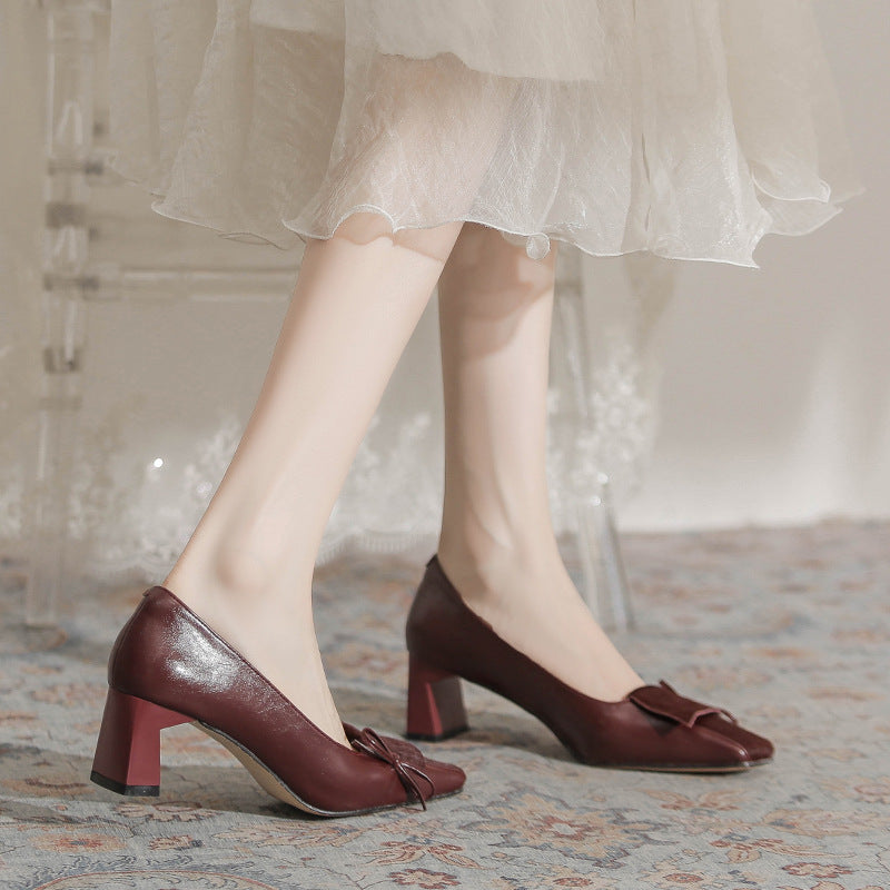French Retro Wine Red Wedding Temperament Square Toe Heels