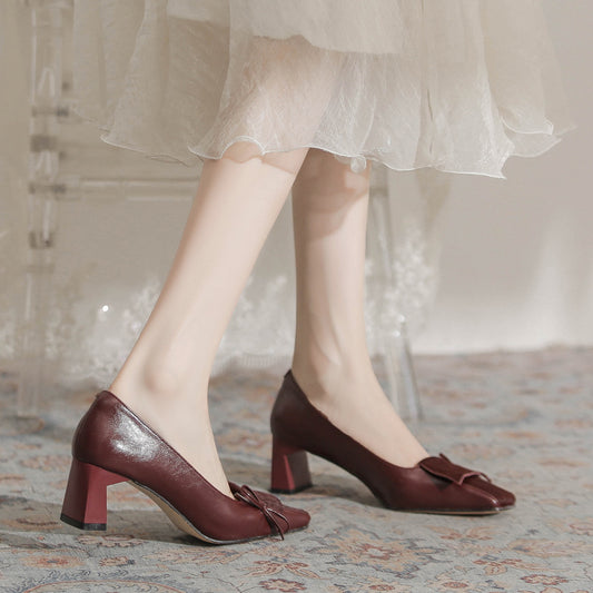 French Retro Wine Red Wedding Temperament Square Toe Heels
