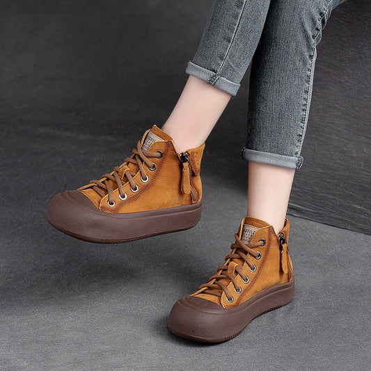 Women's Shu Side Zipper Thin First Layer Cowhide Platform Round Casual Shoes