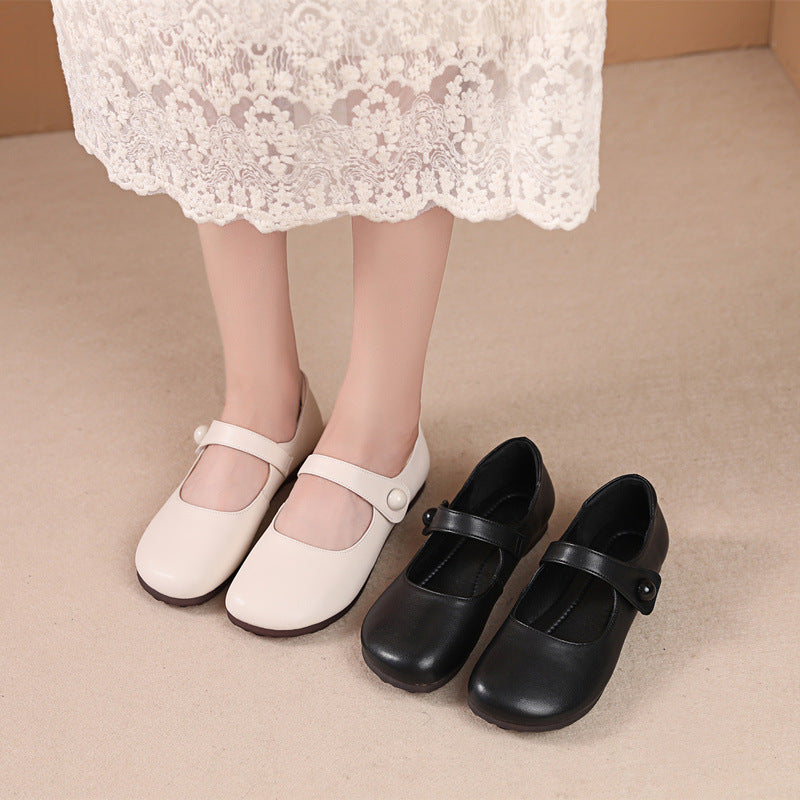 Women's Pumps Flat Cowhide Round Toe Soft Bottom Plus Size Buckle Women's Casual Shoes