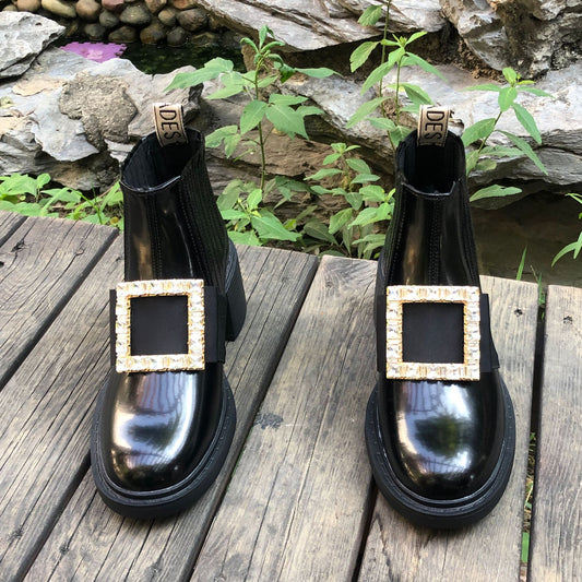 Women's Rhinestone Square Buckle Martin British Style Ankle Boots
