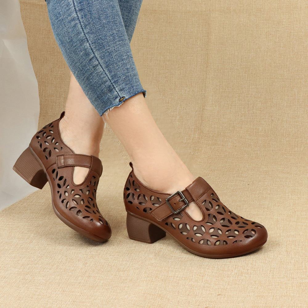 Women's Genuine Ethnic Wind Chunky Low-cut Hollow Heels