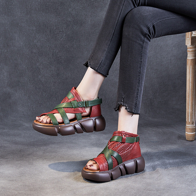 Women's Layer Cowhide Open Toe Peep Color Stitching Roman Sandals