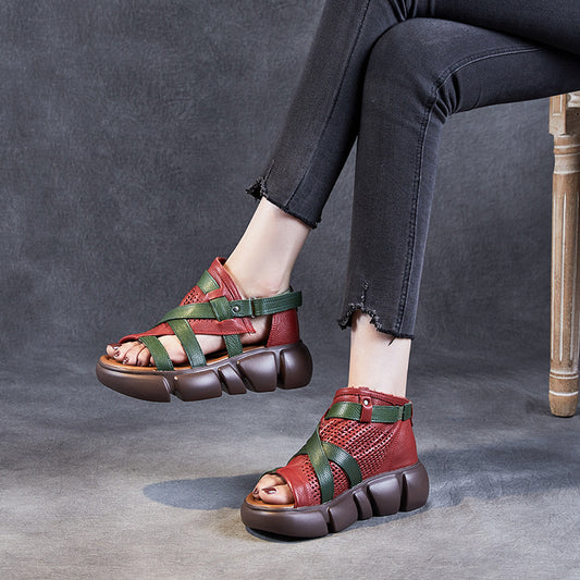 Women's Layer Cowhide Open Toe Peep Color Stitching Roman Sandals