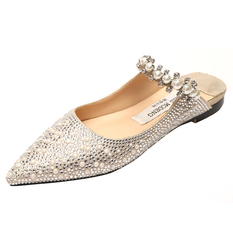 Women's Elegant Outer Wear Rhinestone Pearls Strap Slingback Closed Toe Sandals