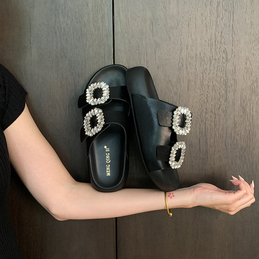 Women's Rhinestone Genuine Double Strap Small Platform Summer Sandals