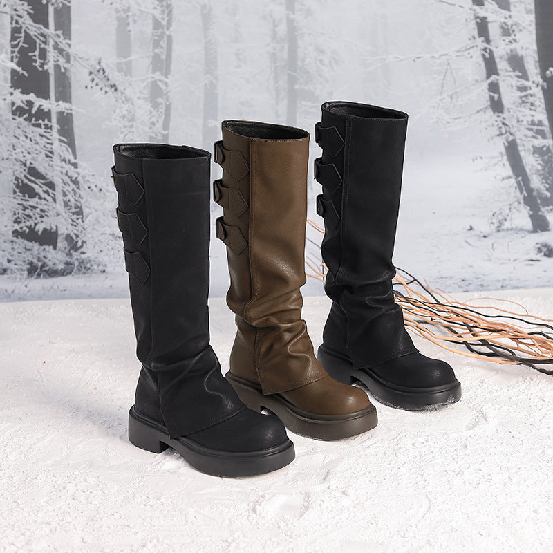 Women's Waste Style Retro Big Head Pants Pipe Pleated Boots