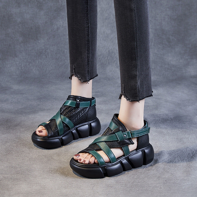 Women's Layer Cowhide Open Toe Peep Color Stitching Roman Sandals