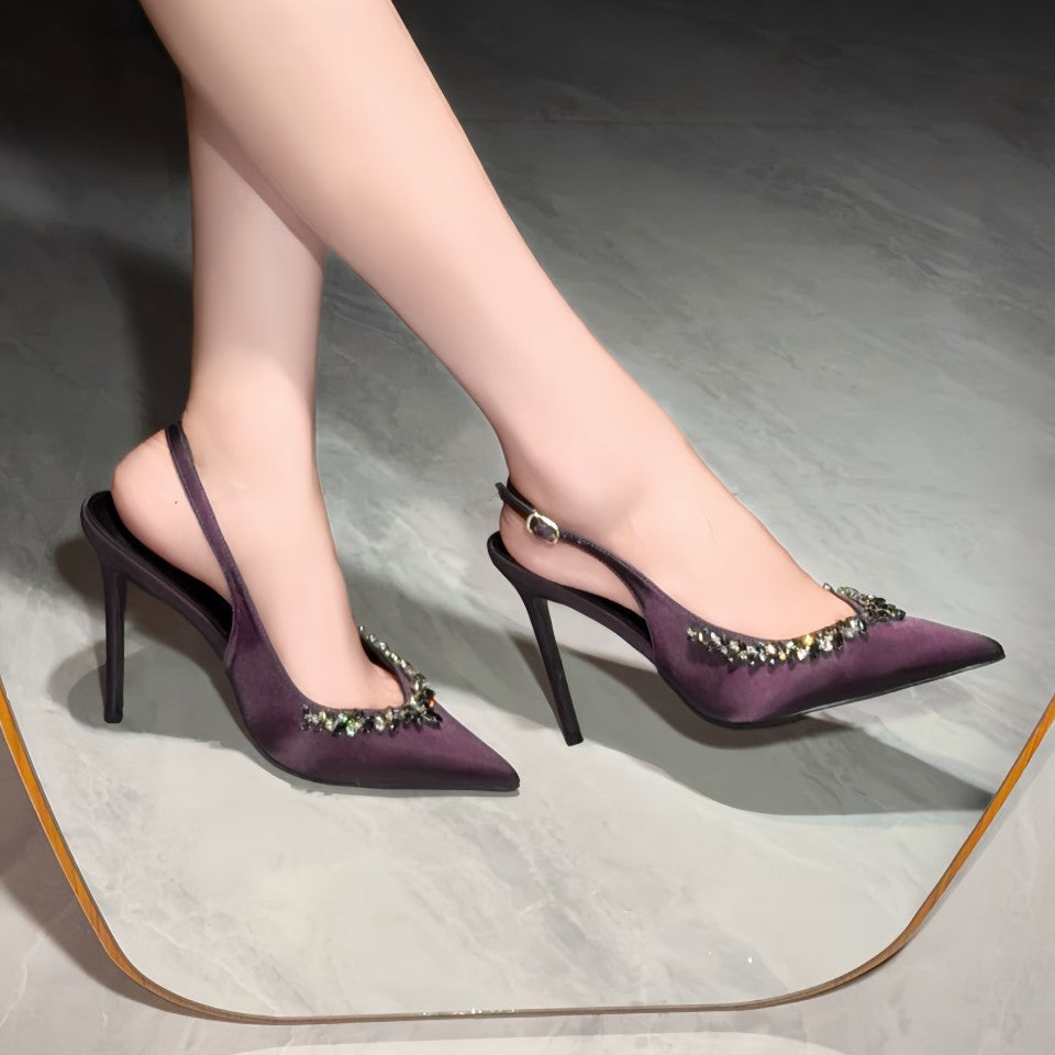 Women's Rhinestone Purple Satin Buckle Sexy Pointed Heels