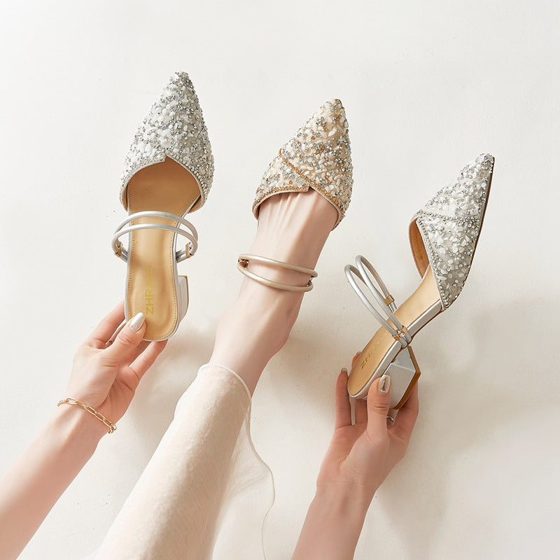 Women's Rhinestone Outer With Skirt Mule Summer Heels