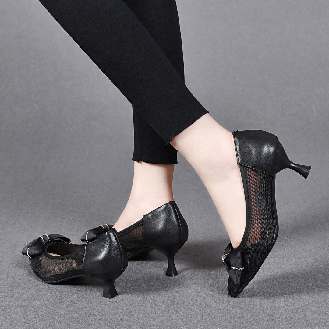 Women's High Bow Mesh Top Layer Cowhide Heels