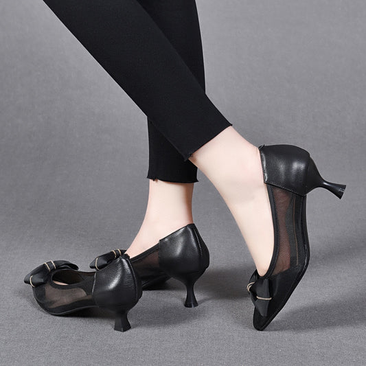 Women's High Bow Mesh Top Layer Cowhide Heels